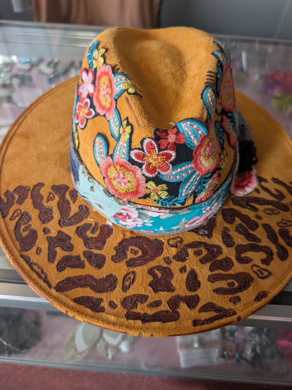 Floral Patches On Suede Fedora Hat in Mustard